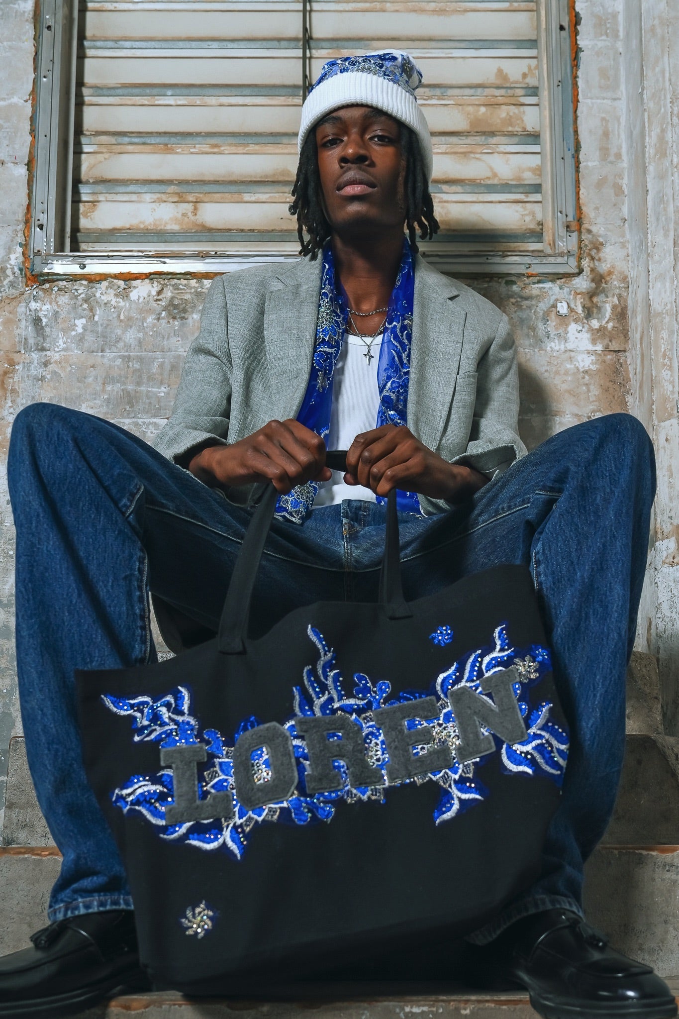 MIDNIGHT-BLU CHENILLE TOTE BAG